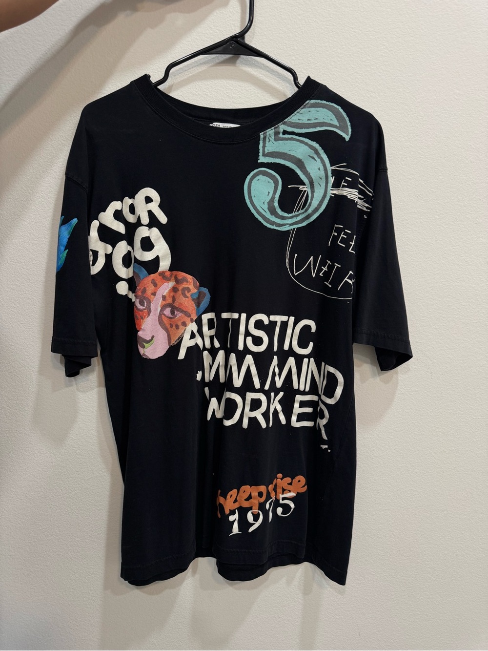 Zara Black Graphic T-Shirt with Mint Accent